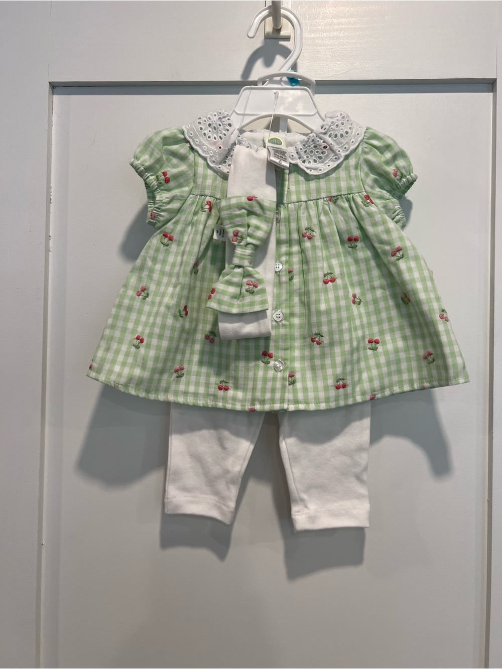 Little Me Green Gingham Cherry Print Top with White Leggings Set & Headband